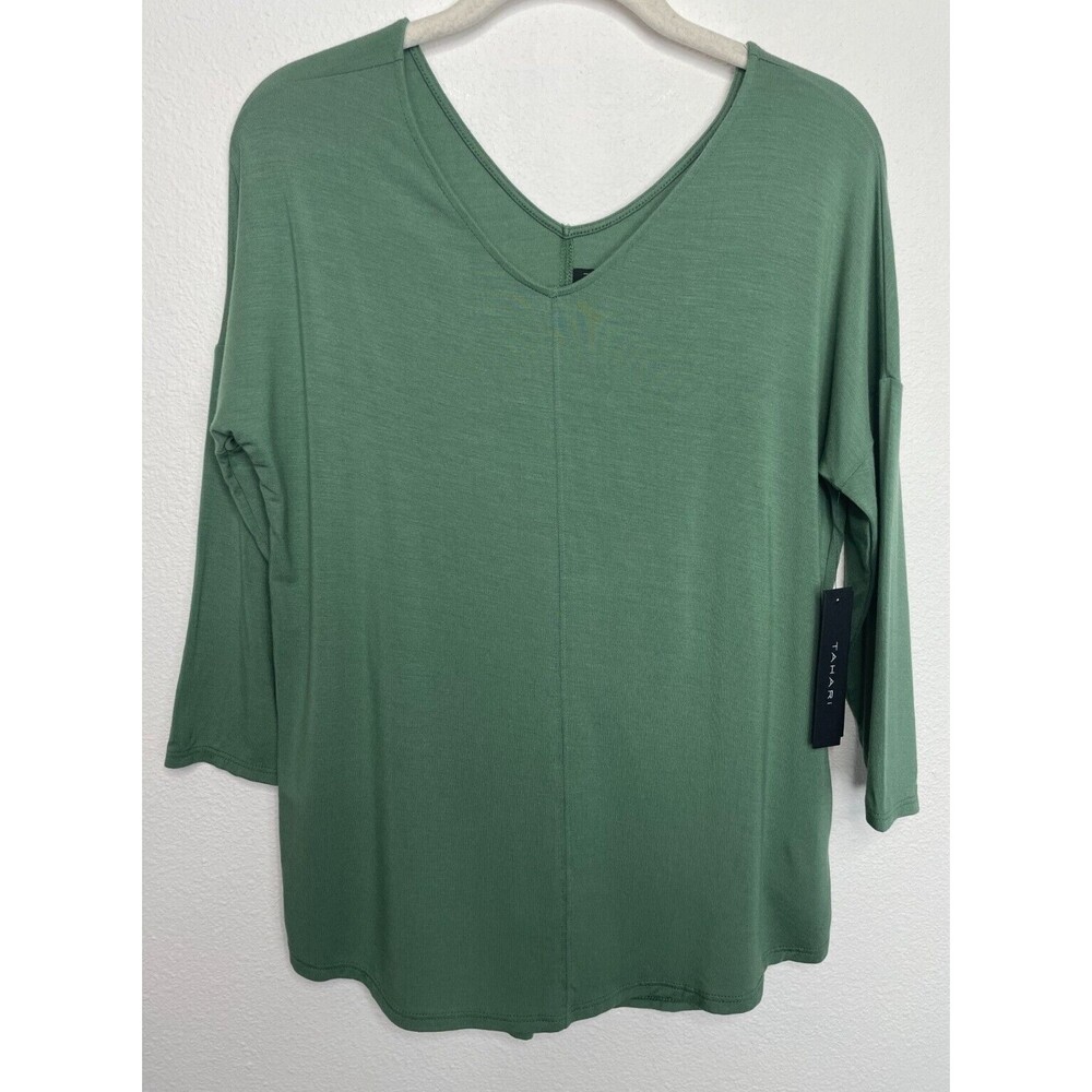 Tahari Small V-Neck Modal Top Olive Green 3/4 Sleeve Pullover Stretch NWT